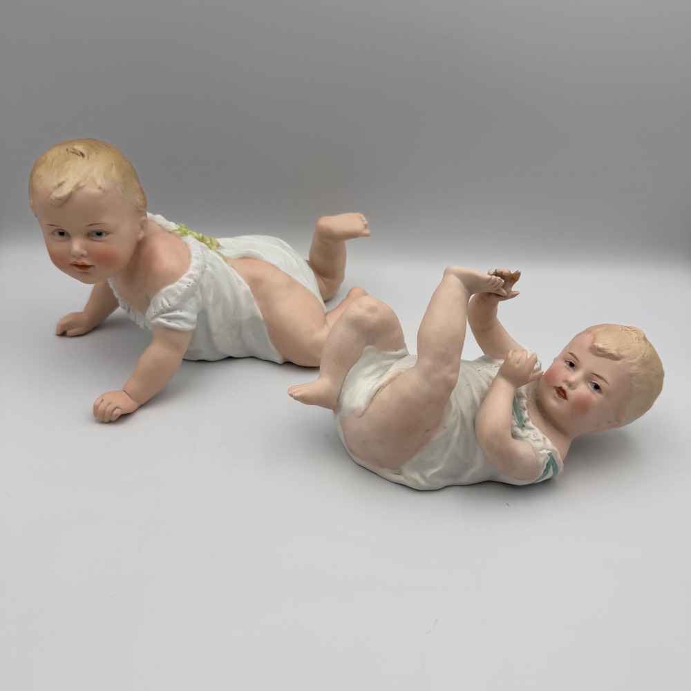 Vintage Gerbruder Heubach Porcelain Bisque Baby Dolls Set German Figurines 1900s